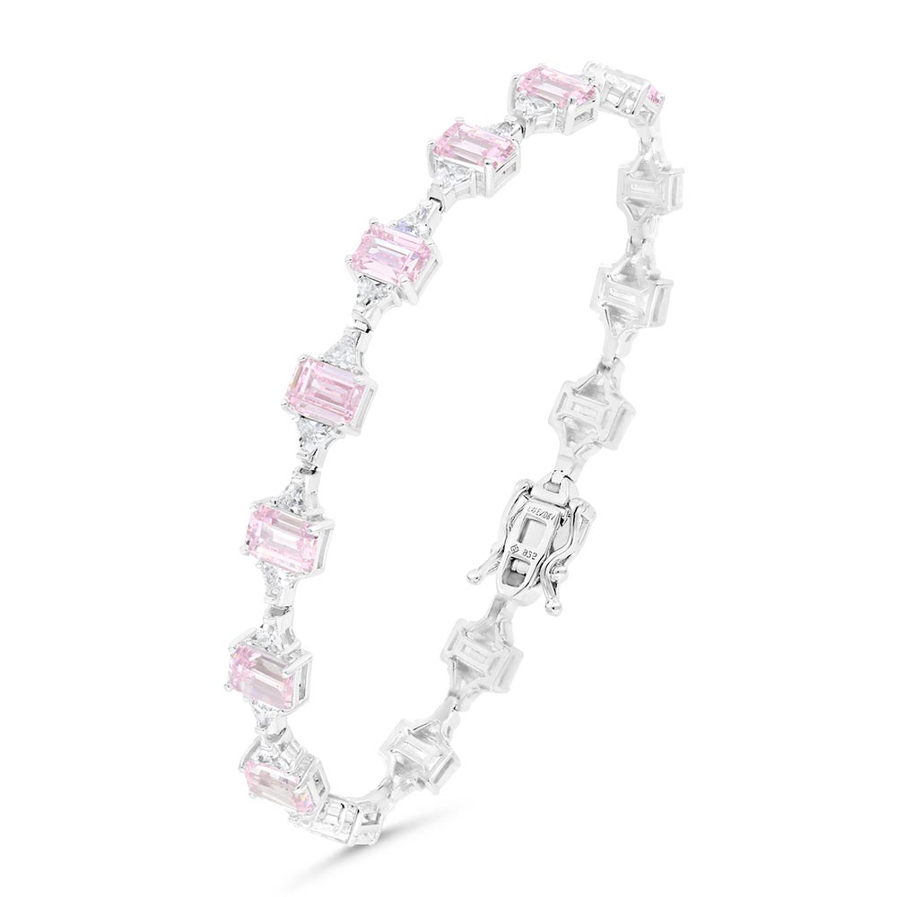 Sterling Silver 925 Bracelet Rhodium Plated Embedded With Pink Zircon And White Zircon