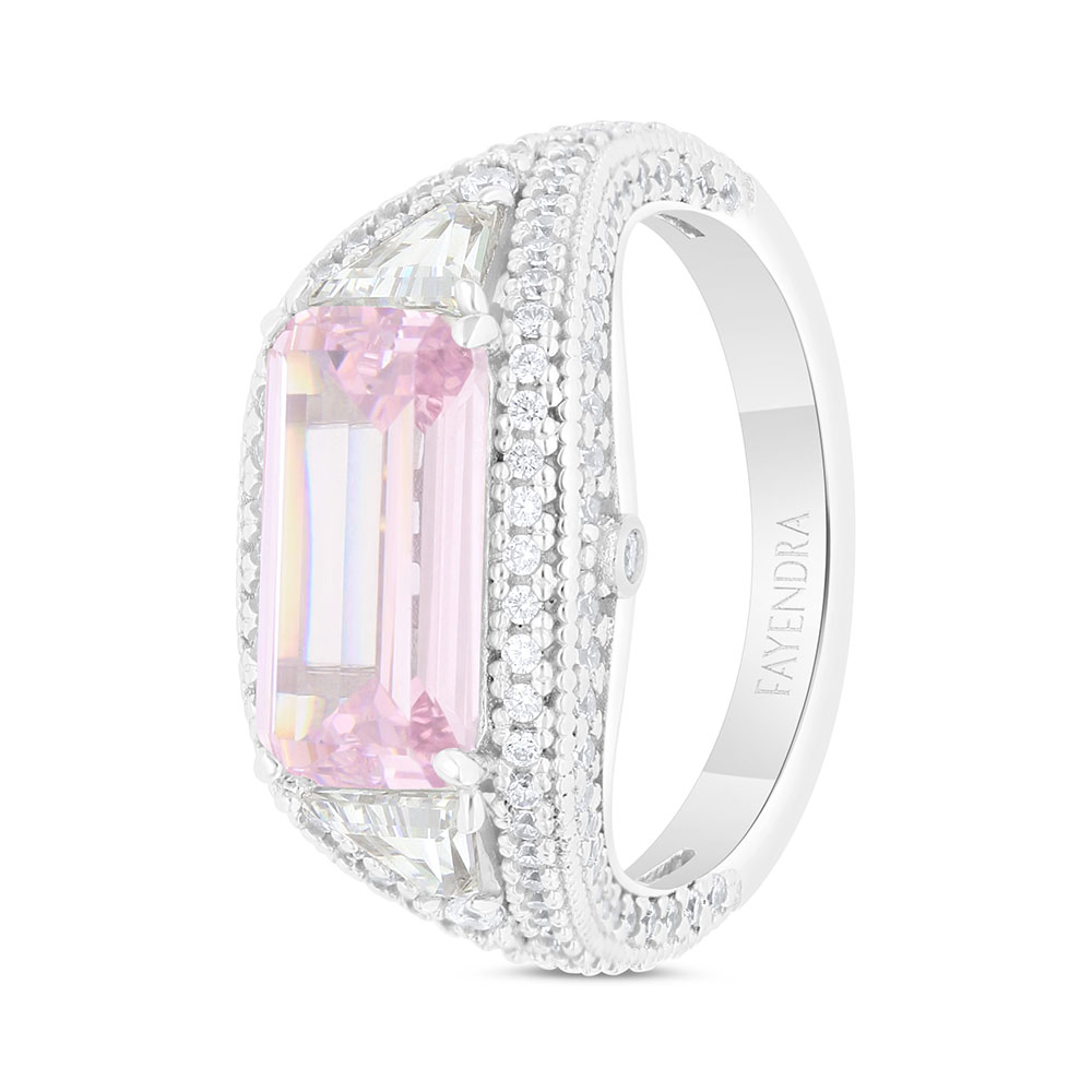 Sterling Silver 925 Ring Rhodium Plated Embedded With pink Zircon And White Zircon