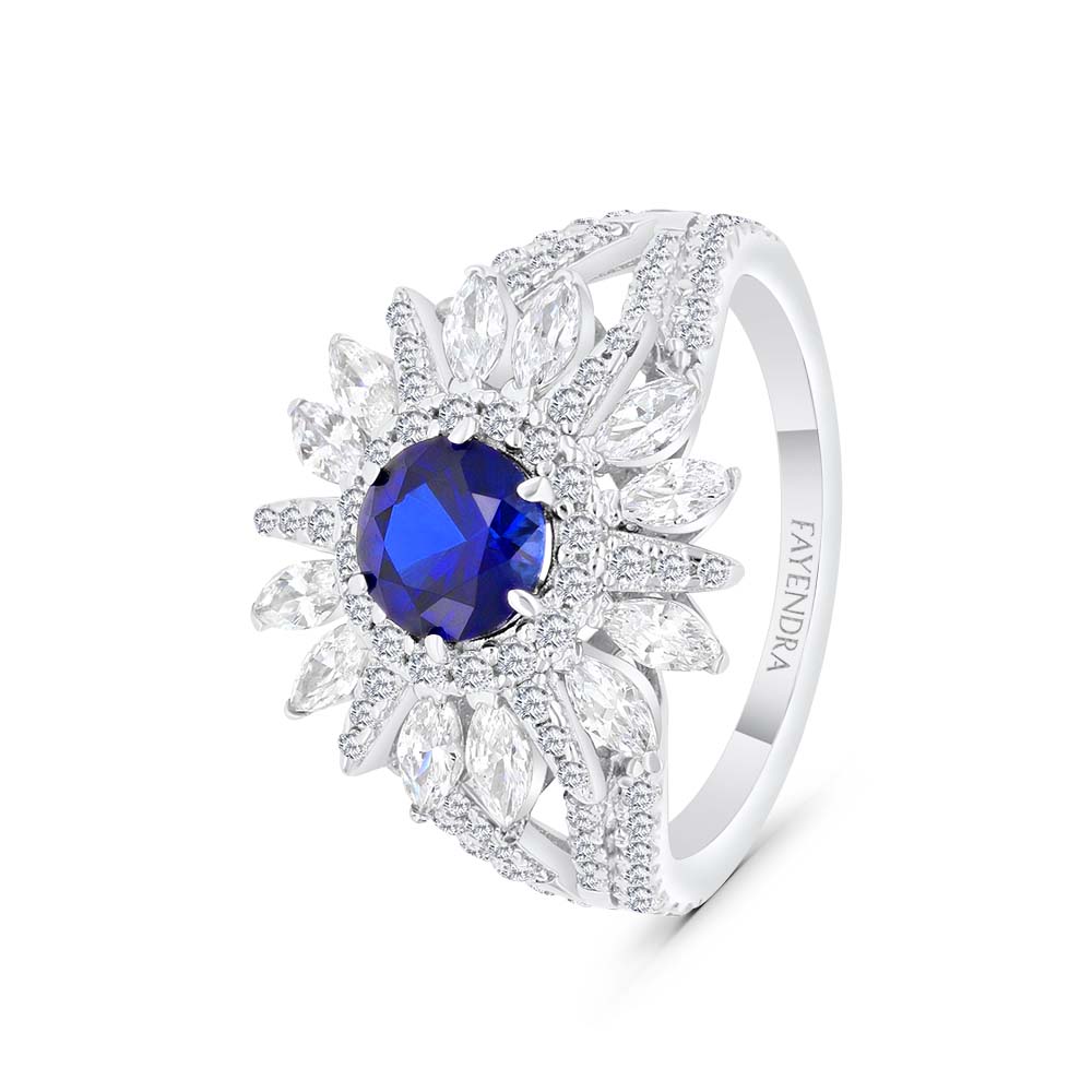 Sterling Silver 925 Ring  Rhodium Plated Embedded With Sapphire Corundum And White Zircon