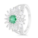 Sterling Silver 925 Ring Rhodium Plated Embedded With Emerald Zircon And White Zircon