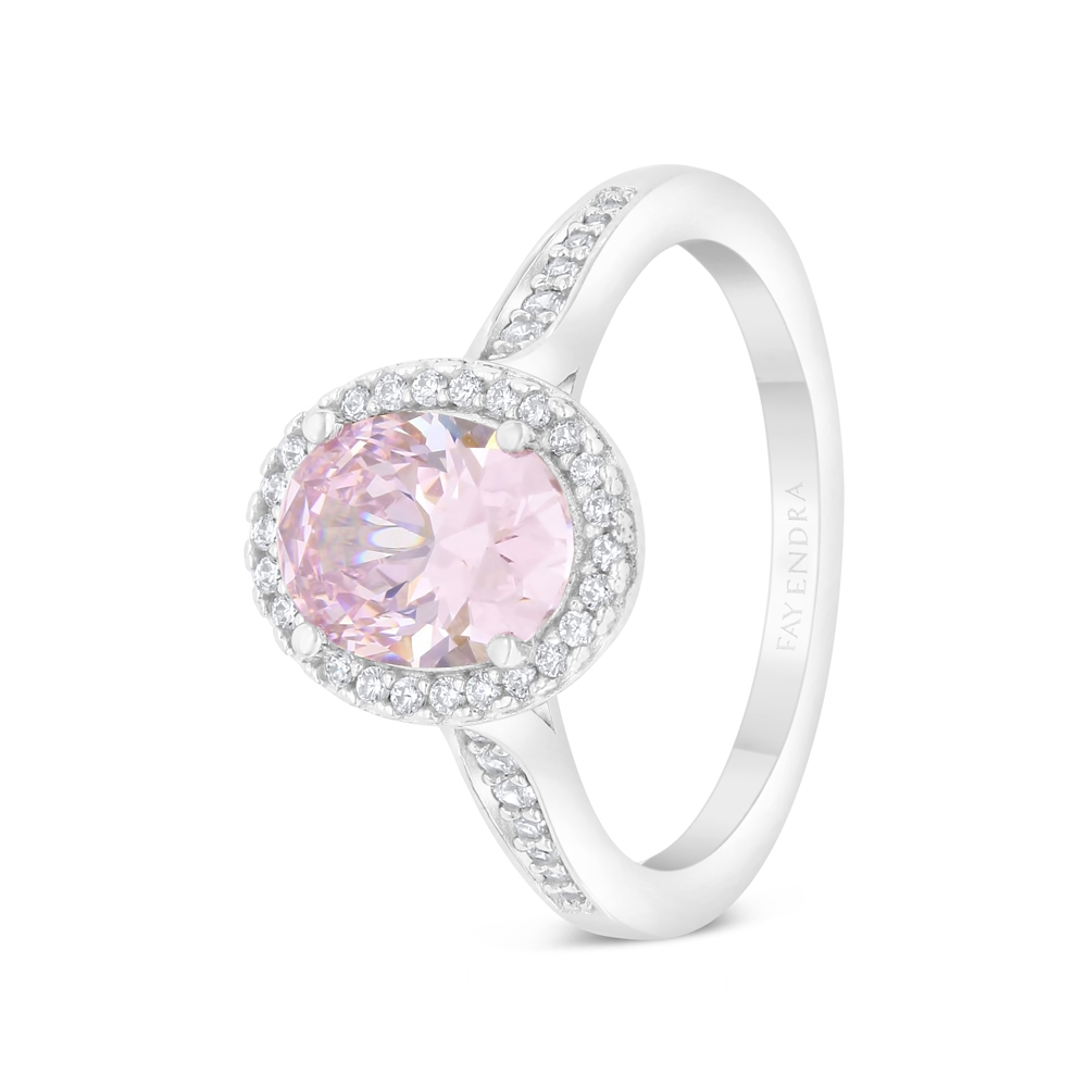 Sterling Silver 925 Ring Rhodium Plated Embedded With Pink Zircon And White Zircon