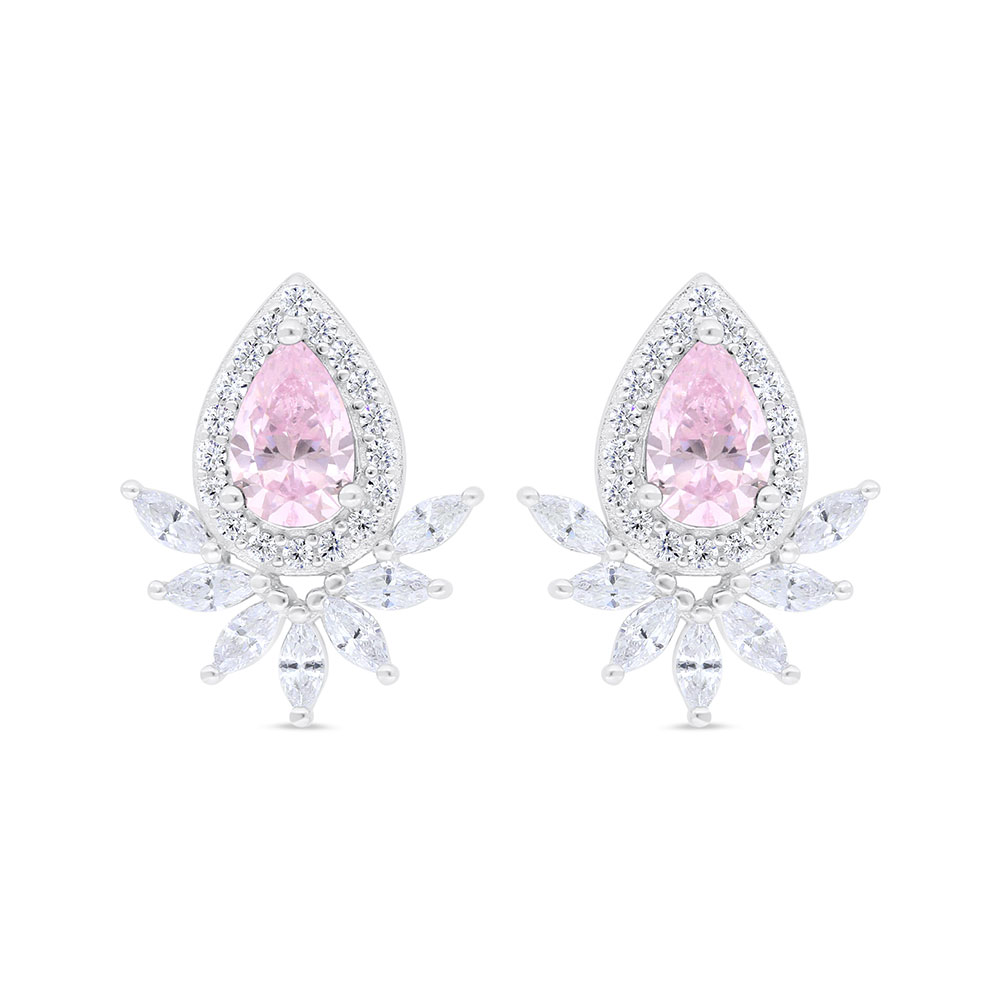 Sterling Silver 925 Earring Rhodium Plated Embedded With Pink Zircon And White Zircon