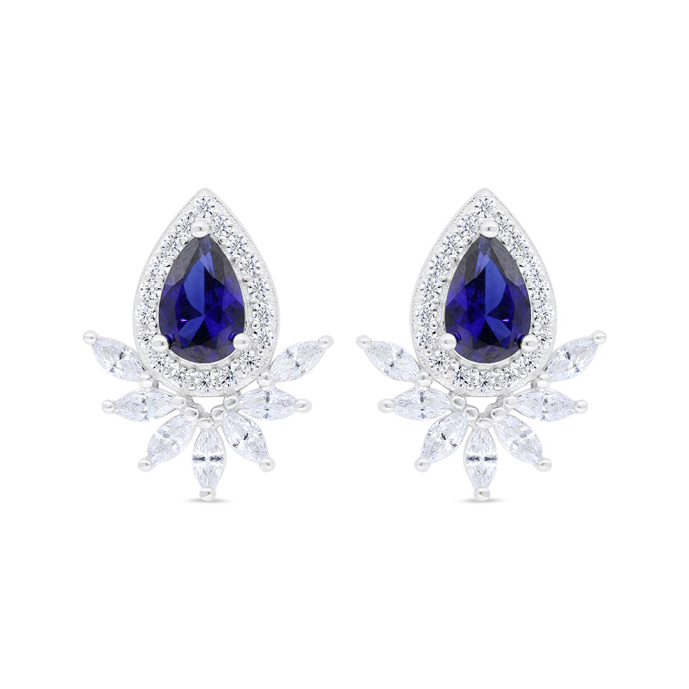 Sterling Silver 925 Earring Rhodium Plated Embedded With Sapphire Corundum And White Zircon