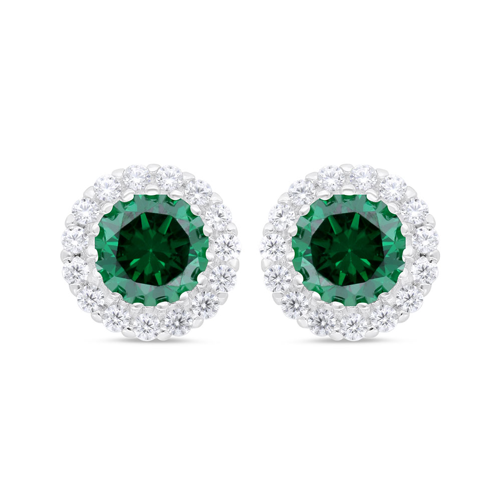 Sterling Silver 925 Earring Rhodium Plated Embedded With Emerald Zircon And White Zircon