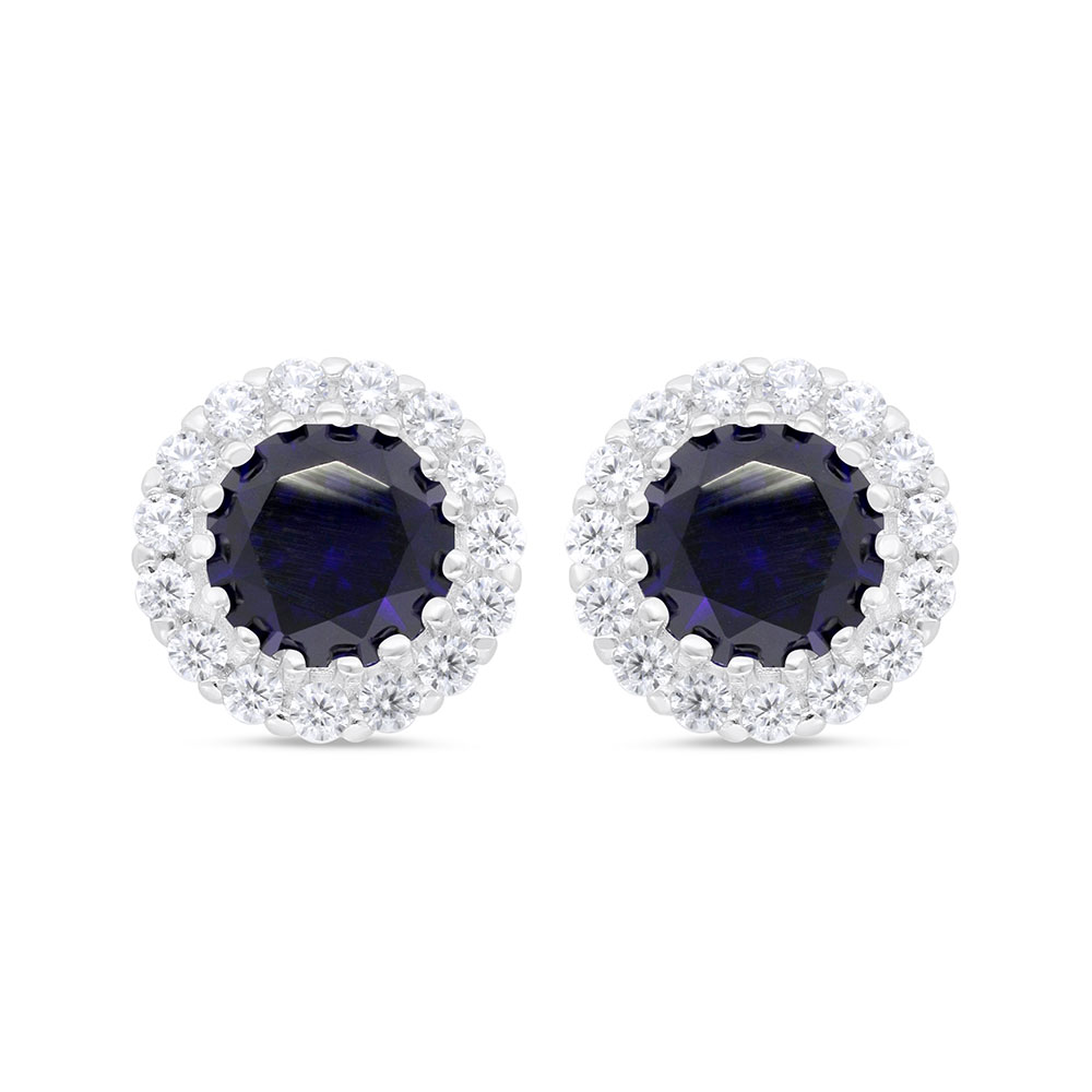 Sterling Silver 925 Earring Rhodium Plated Embedded With Sapphire Corundum And White Zircon