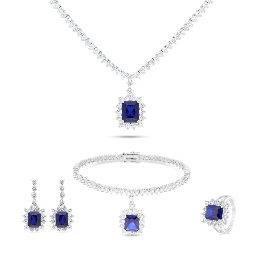 Sterling Silver 925 SET Rhodium Plated Embedded With Sapphire CorundumAnd White CZ