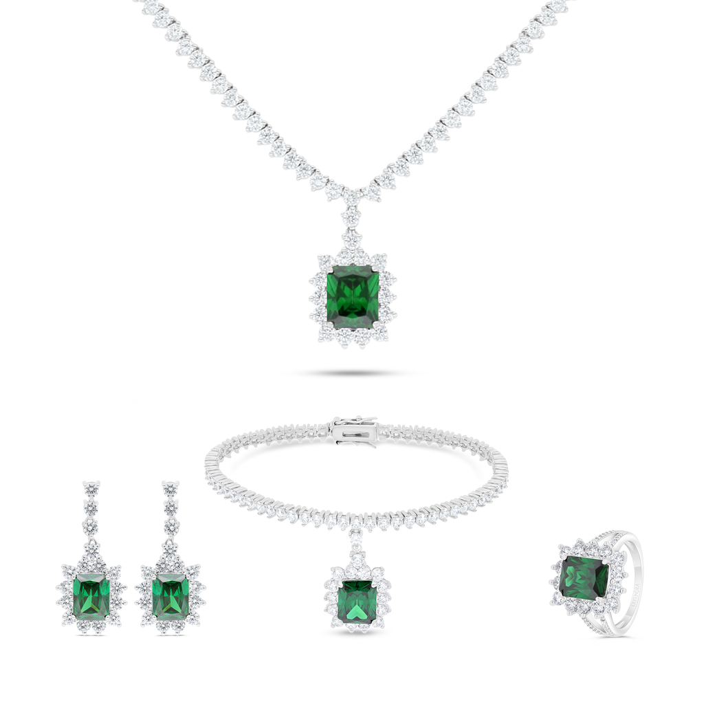 Sterling Silver 925 SET Rhodium Plated Embedded With Emerald Zircon And White CZ