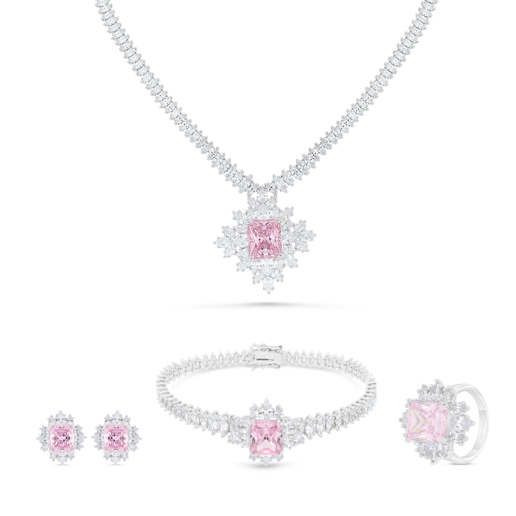 Sterling Silver 925 SET Rhodium Plated Embedded With pink Zircon And White CZ