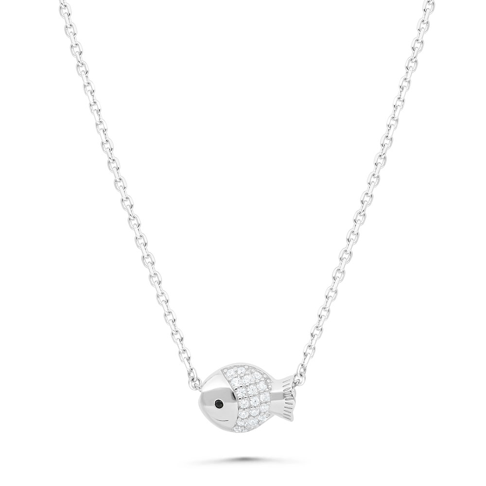 Sterling Silver 925 Necklace Rhodium Plated Embedded With White Zircon