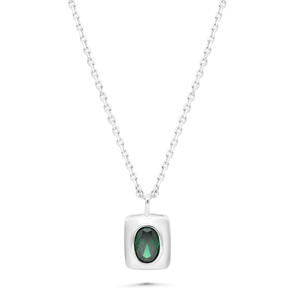 Sterling Silver 925 Necklace Rhodium Plated Embedded With Emerald Zircon