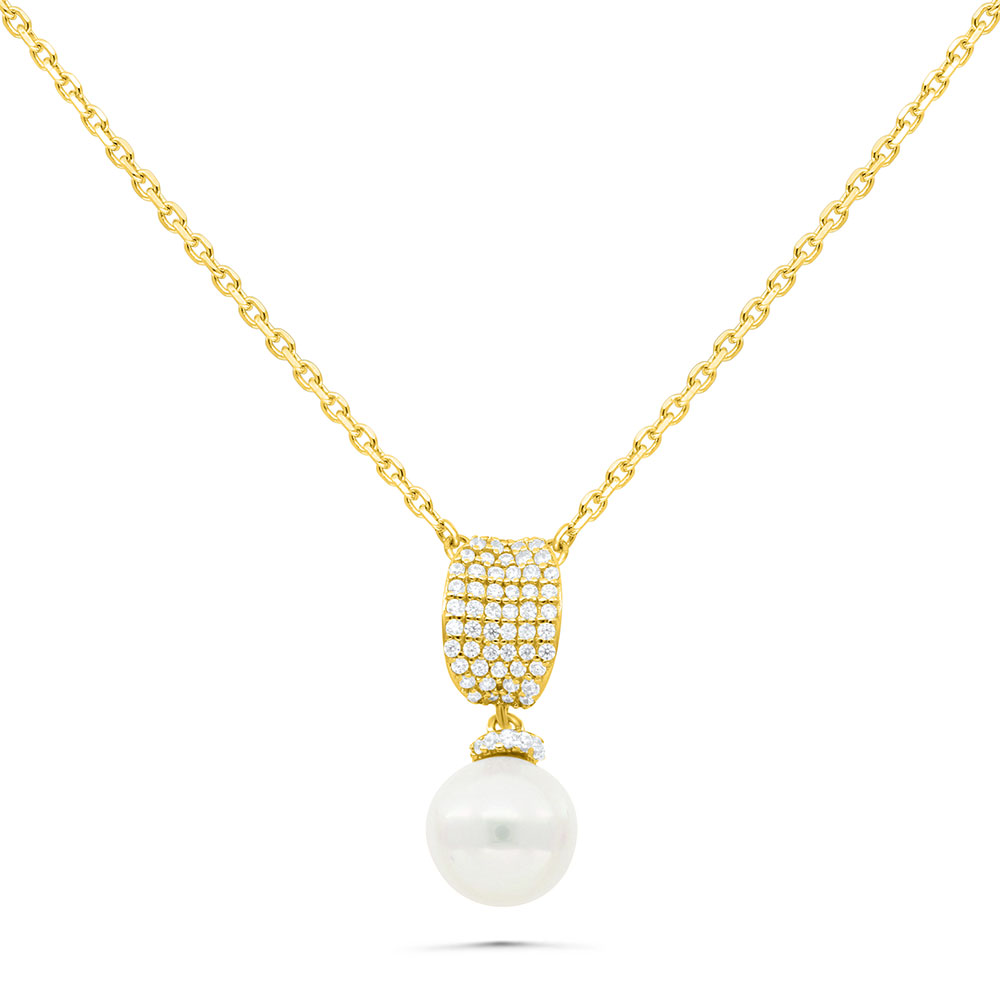 Sterling Silver 925 Necklace Gold Plated Embedded With White Shell Pearl And White Zircon