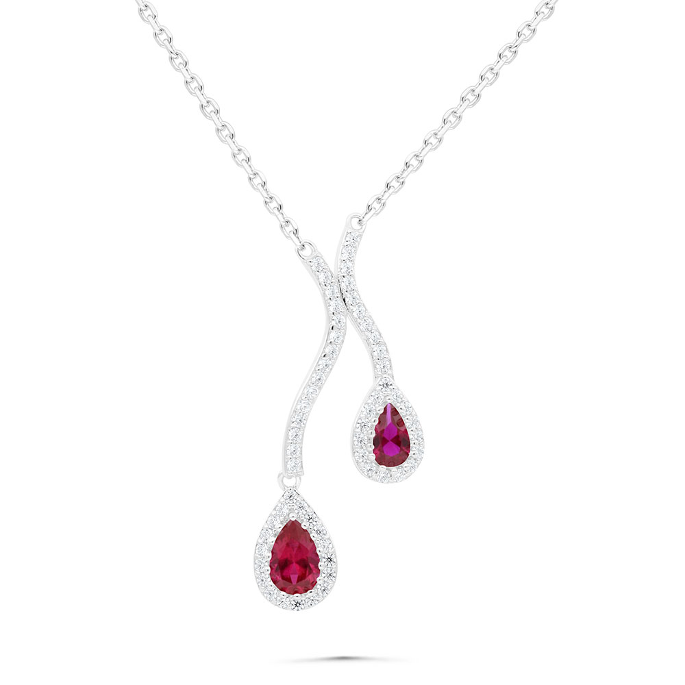 Sterling Silver 925 Necklace Rhodium Plated Embedded With Ruby Corundum And White Zircon