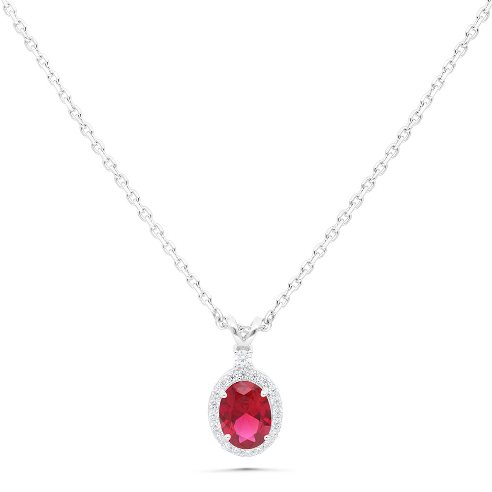 Sterling Silver 925 Necklace Rhodium Plated Embedded With Ruby Corundum And White Zircon