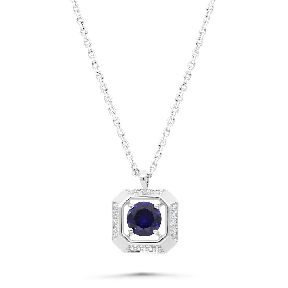 Sterling Silver 925 Necklace Rhodium Plated Embedded With Sapphire Corundum And White Zircon