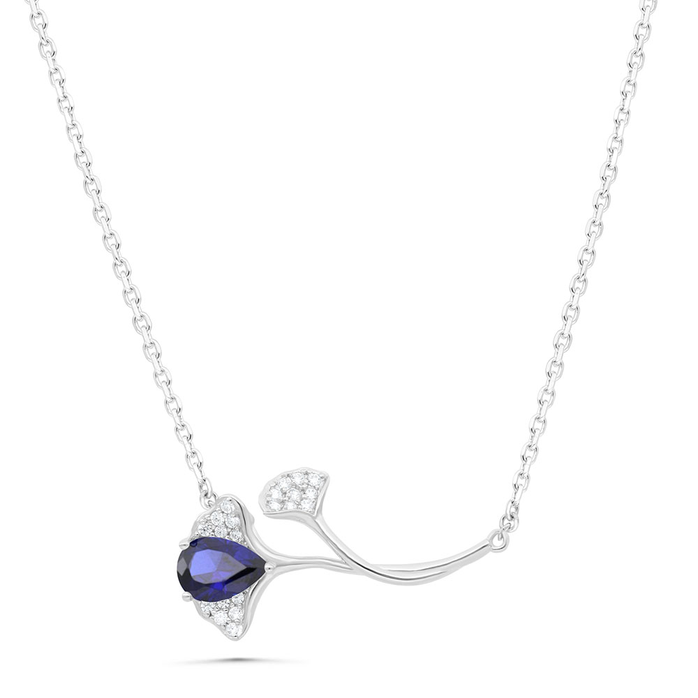 Sterling Silver 925 Necklace Rhodium Plated Embedded With Sapphire Corundum And White Zircon