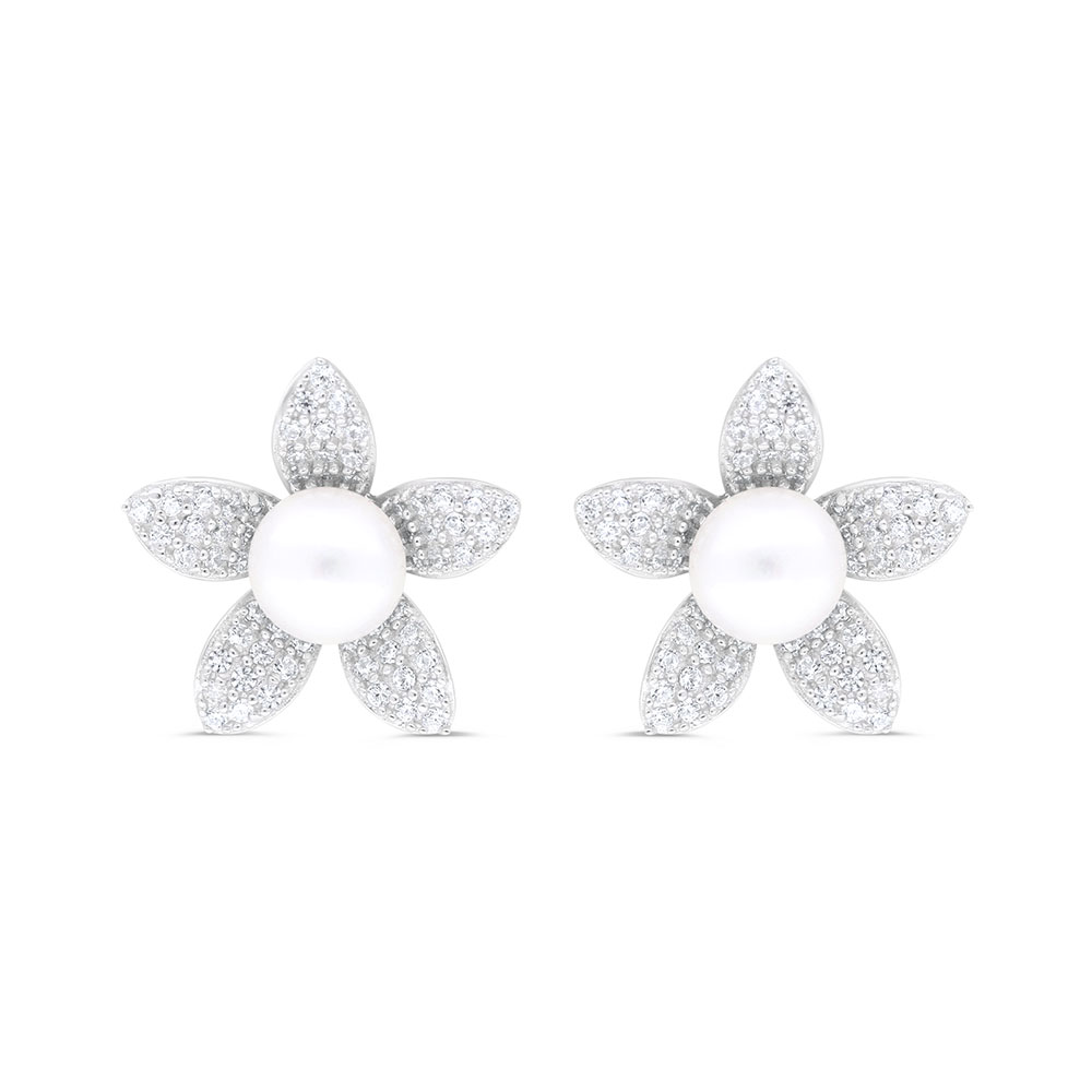 Sterling Silver 925 Earring Rhodium Plated Embedded With White Shell Pearl And White Zircon