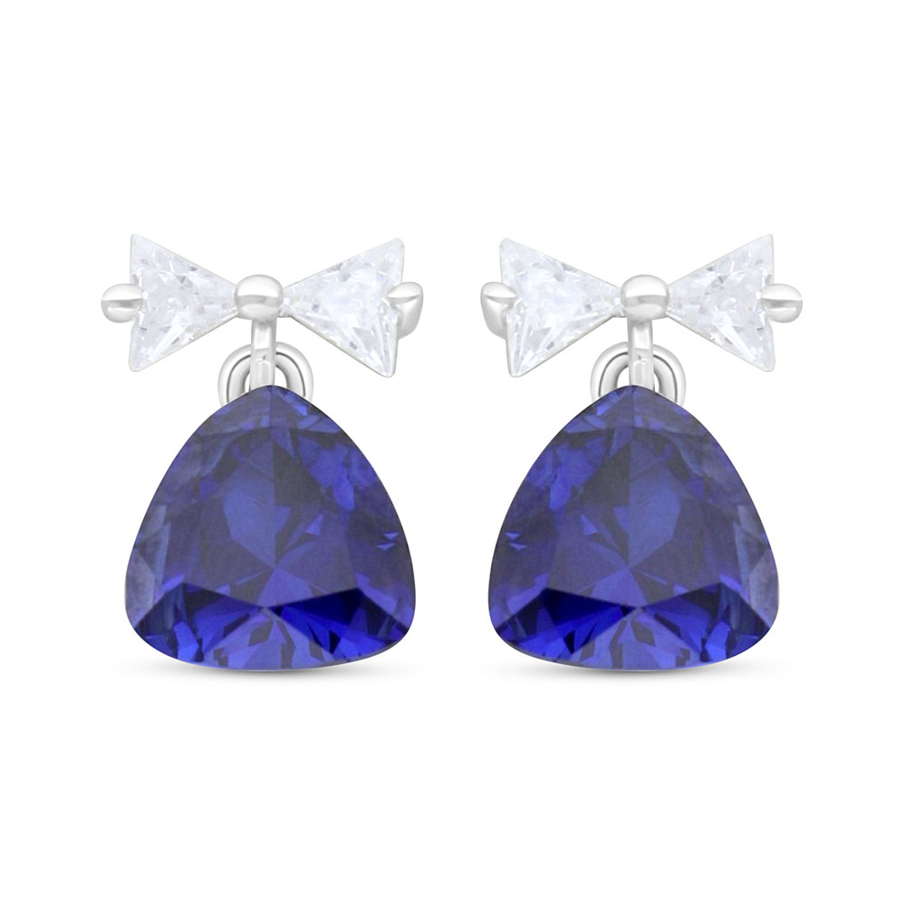 Sterling Silver 925 Earring Rhodium Plated Embedded With Sapphire Corundum And White Zircon