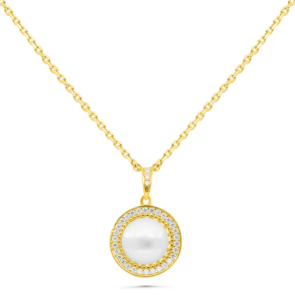 Sterling Silver 925 Necklace Gold Plated Embedded With White Shell Pearl And White Zircon