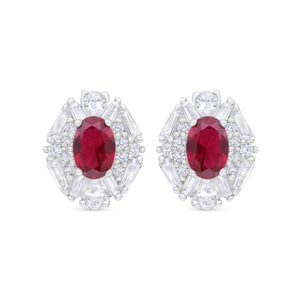 Sterling Silver 925 Earring Rhodium Plated Embedded With Ruby Corundum And White Zircon