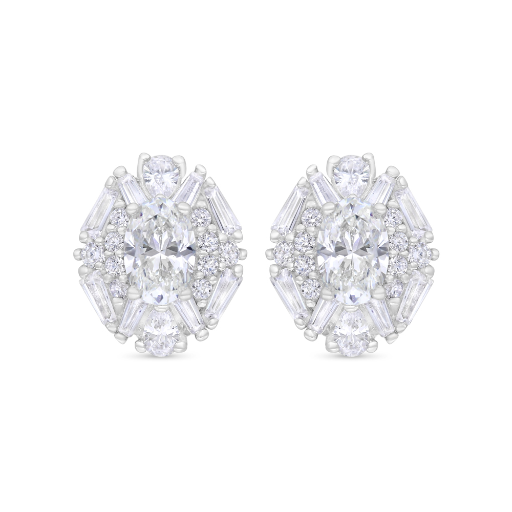 Sterling Silver 925 Earring Rhodium Plated Embedded With White Zircon