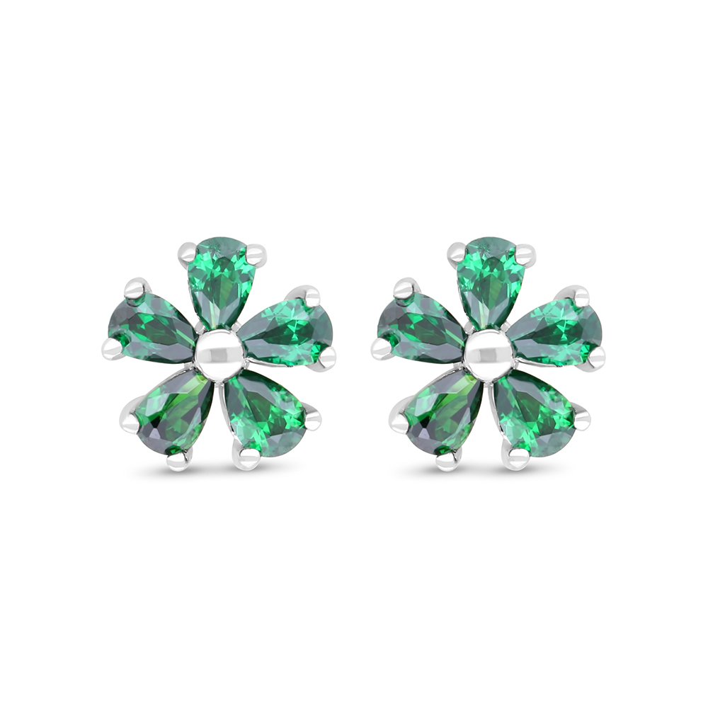 Sterling Silver 925 Earring Rhodium Plated Embedded With Emerald Zircon 