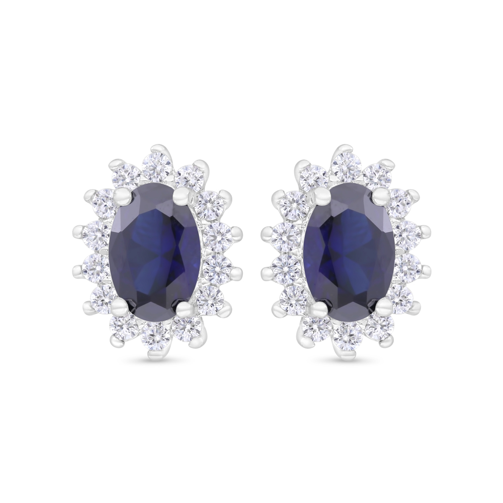 Sterling Silver 925 Earring Rhodium Plated Embedded With Sapphire Corundum And White Zircon