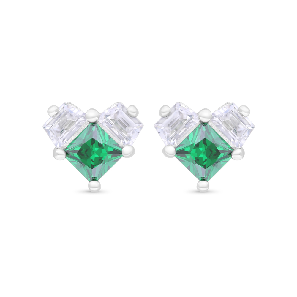 Sterling Silver 925 Earring Rhodium Plated Embedded With Emerald Zircon And White Zircon