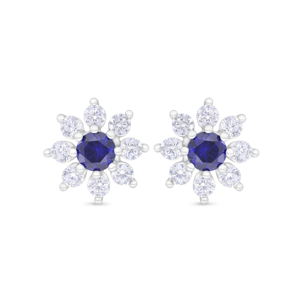 Sterling Silver 925 Earring Rhodium Plated Embedded With Sapphire Corundum And White Zircon