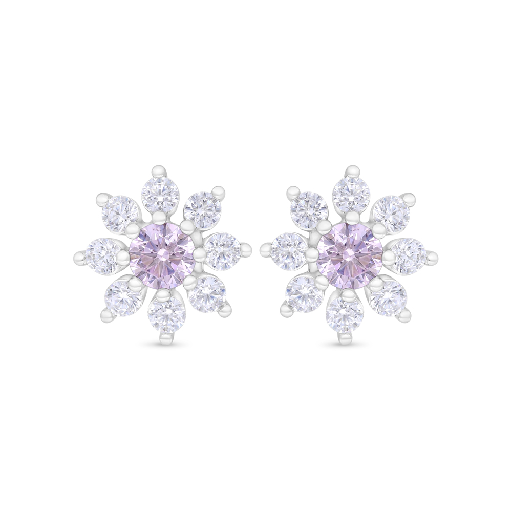 Sterling Silver 925 Earring Rhodium Plated Embedded With Pink Zircon And White Zircon