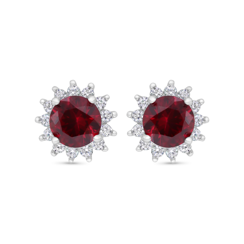 Sterling Silver 925 Earring Rhodium Plated Embedded With Ruby Corundum And White Zircon