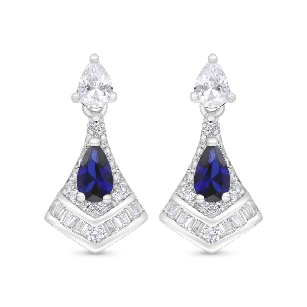 Sterling Silver 925 Earring Rhodium Plated Embedded With Sapphire Corundum And White Zircon