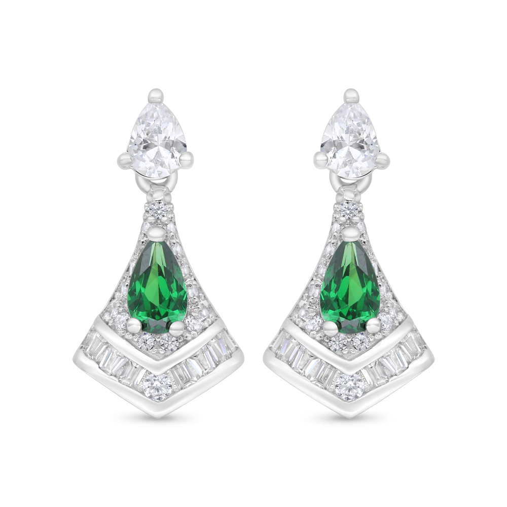 Sterling Silver 925 Earring Rhodium Plated Embedded With Emerald Zircon And White Zircon