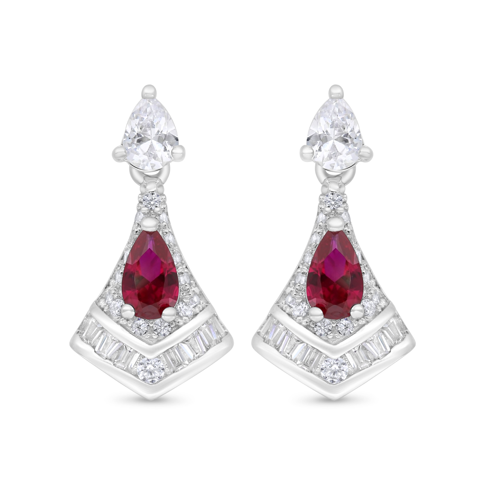 Sterling Silver 925 Earring Rhodium Plated Embedded With Ruby Corundum And White Zircon