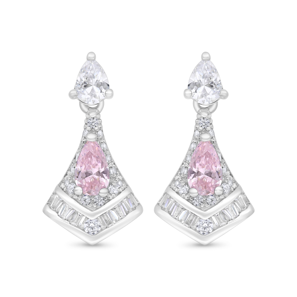 Sterling Silver 925 Earring Rhodium Plated Embedded With Pink Zircon And White Zircon