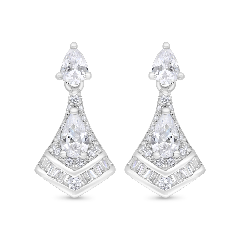 Sterling Silver 925 Earring Rhodium Plated Embedded With White Zircon