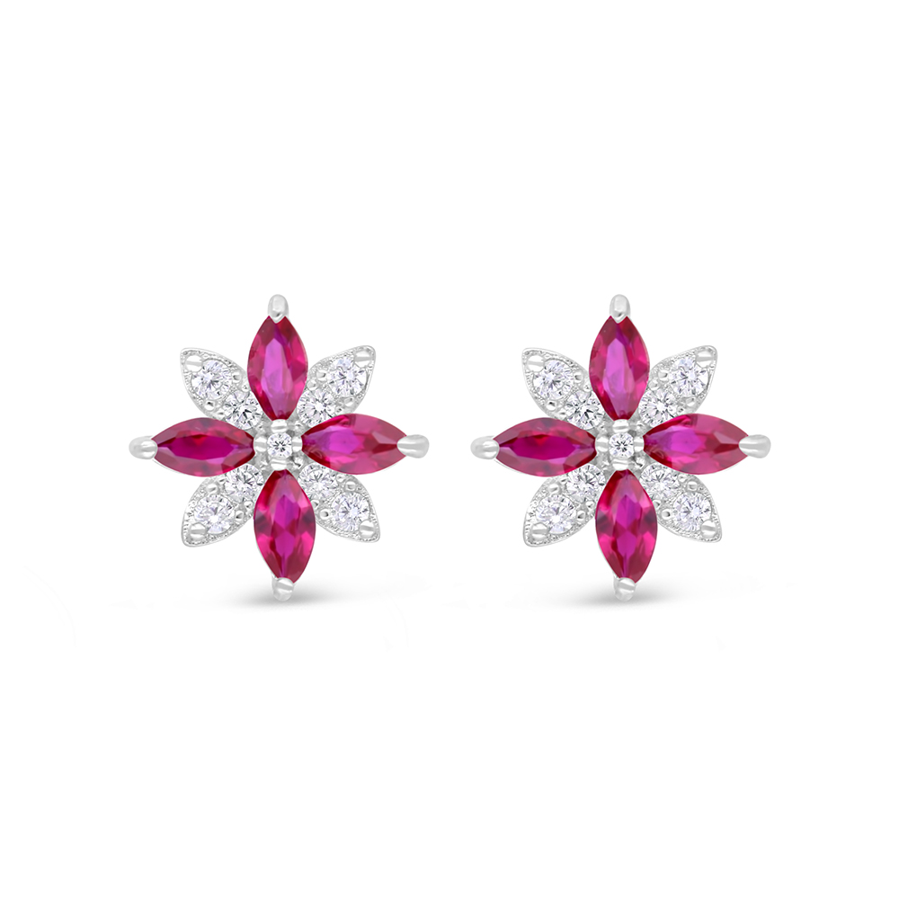 Sterling Silver 925 Earring Rhodium Plated Embedded With Ruby Corundum And White Zircon