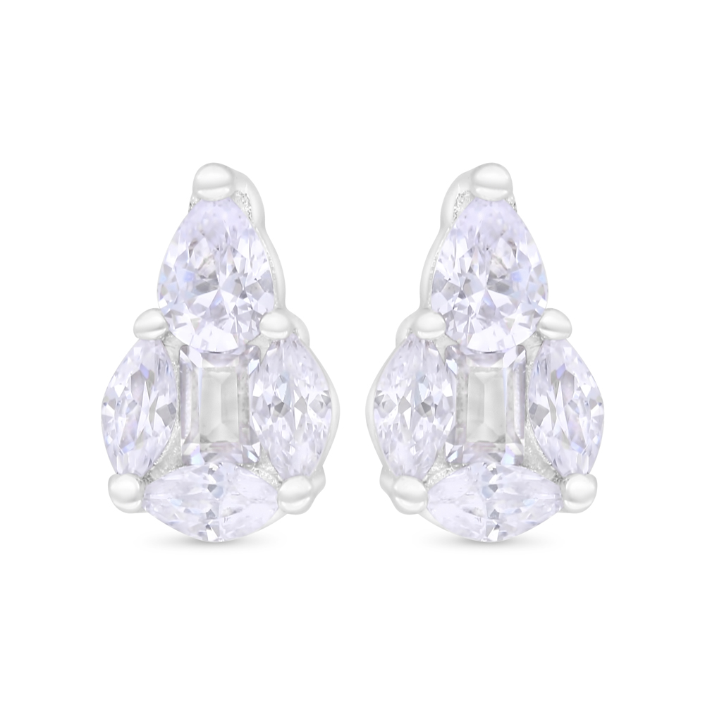 Sterling Silver 925 Earring Rhodium Plated Embedded With White Zircon