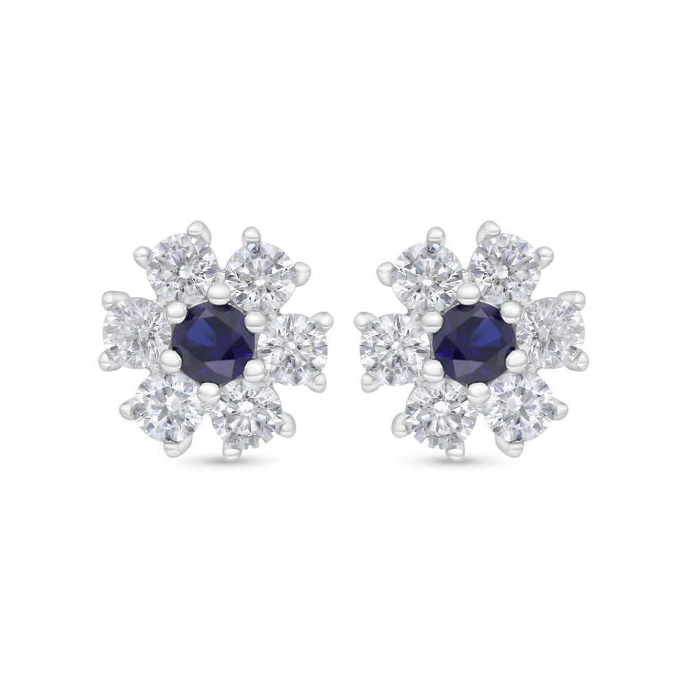 Sterling Silver 925 Earring Rhodium Plated Embedded With Sapphire Corundum And White Zircon