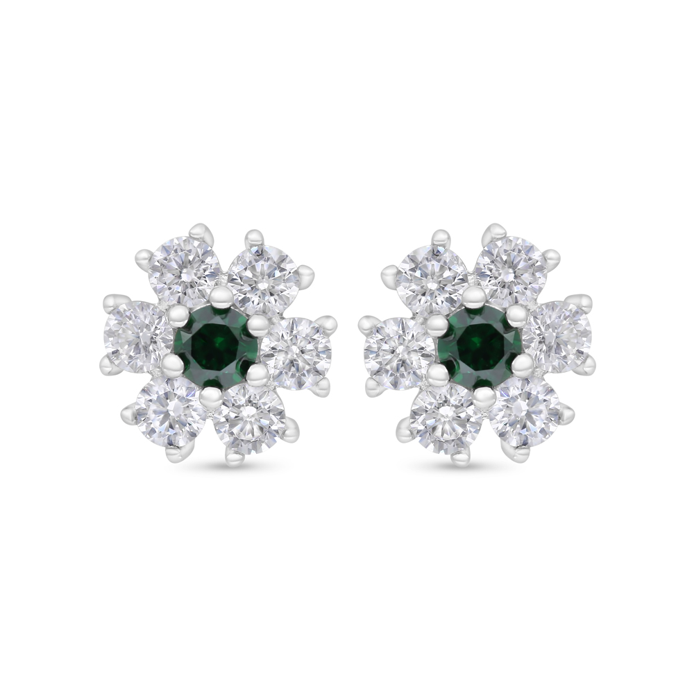 Sterling Silver 925 Earring Rhodium Plated Embedded With Emerald Zircon And White Zircon