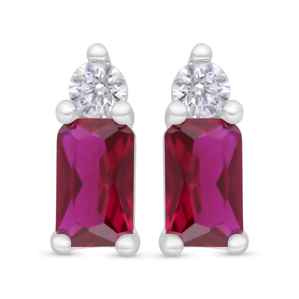 Sterling Silver 925 Earring Rhodium Plated Embedded With Ruby Corundum And White Zircon