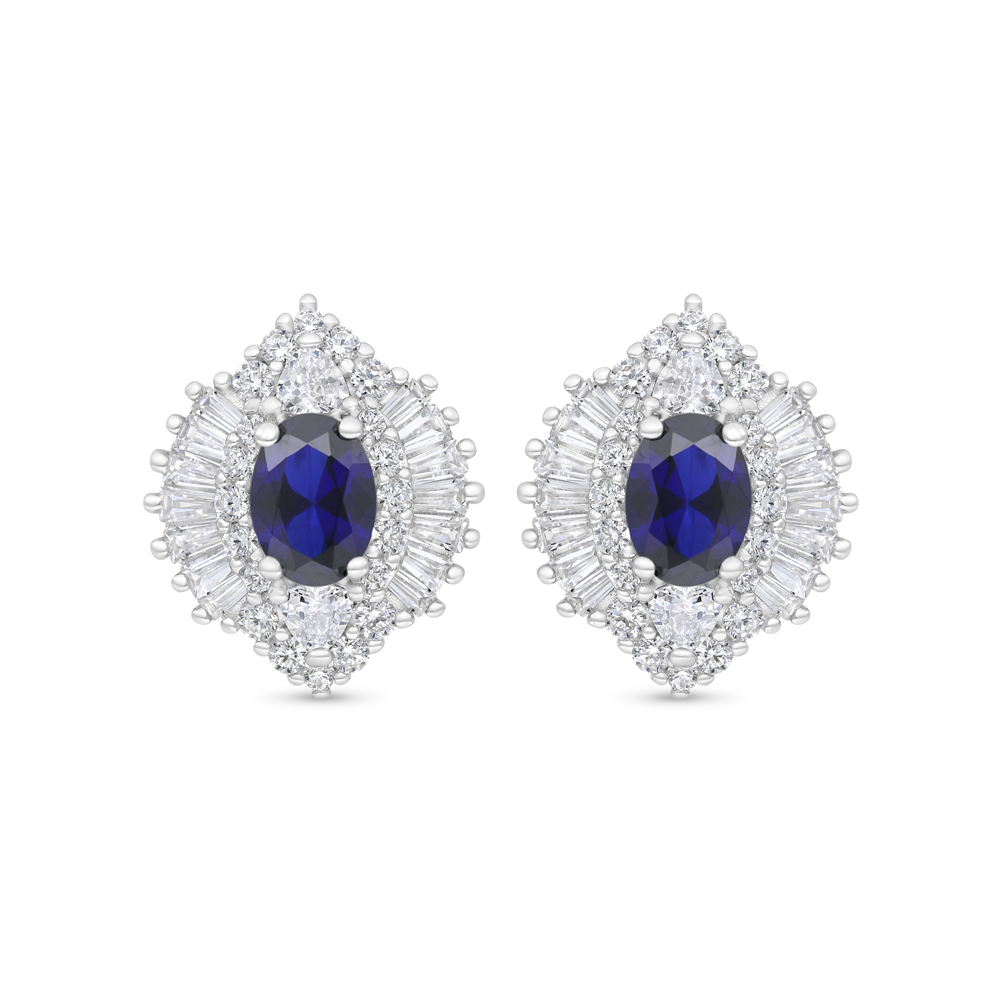 Sterling Silver 925 Earring Rhodium Plated Embedded With Sapphire Corundum And White Zircon