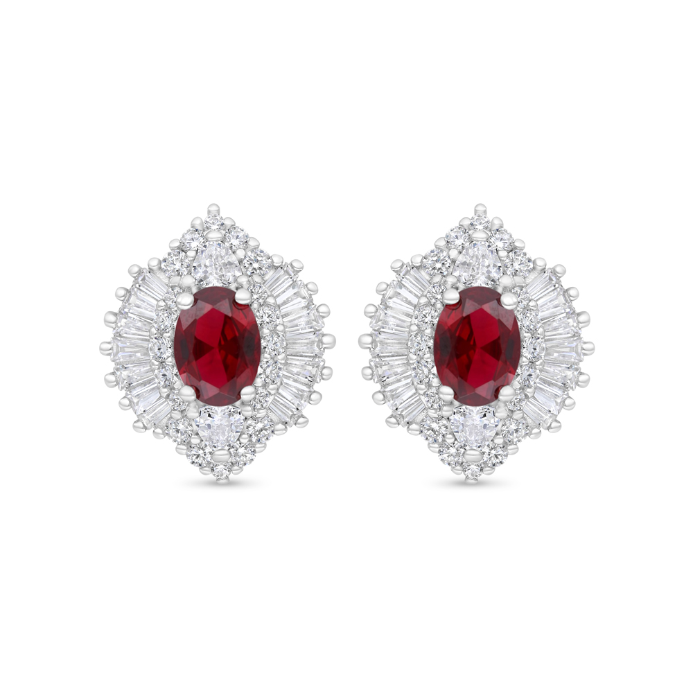 Sterling Silver 925 Earring Rhodium Plated Embedded With Ruby Corundum And White Zircon