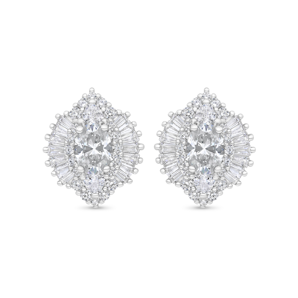 Sterling Silver 925 Earring Rhodium Plated Embedded With White Zircon