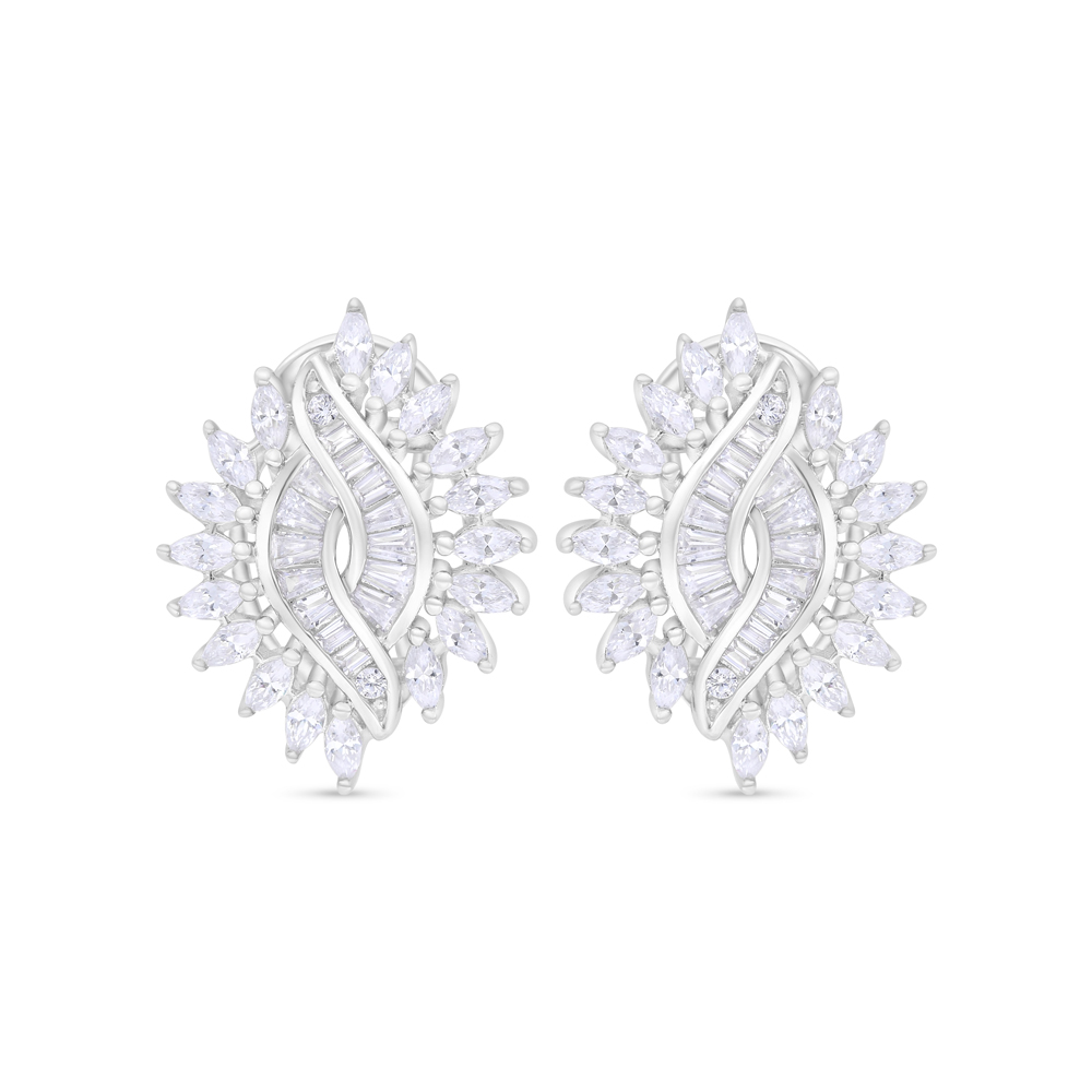 Sterling Silver 925 Earring Rhodium Plated Embedded With White Zircon