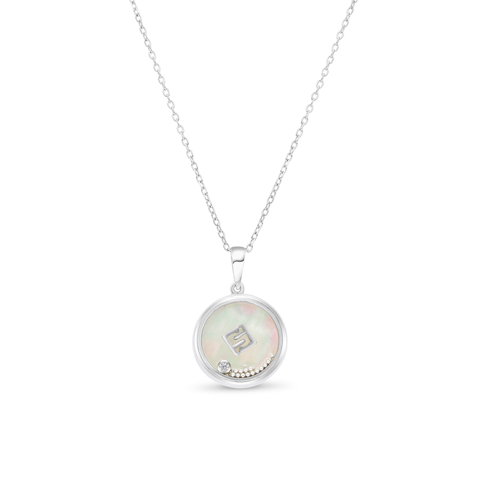 Sterling Silver 925 Necklace Rhodium Plated Embedded With White Shell And White Zircon