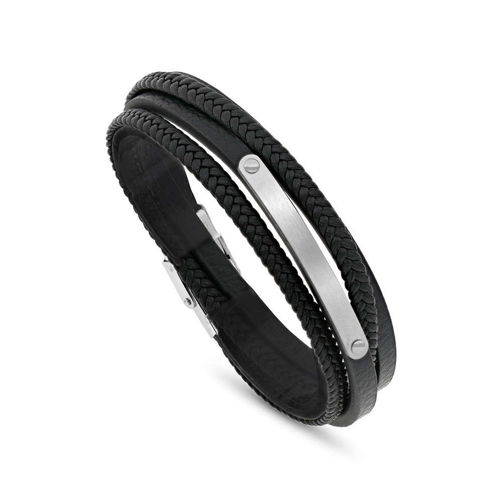 Stainless Steel 304L Bracelet, Silver Plated Embedded With Black Leather For Men