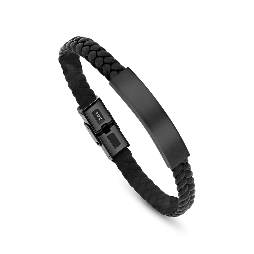 Stainless Steel 304L Bracelet, Black Plated Embedded With Black Leather For Men