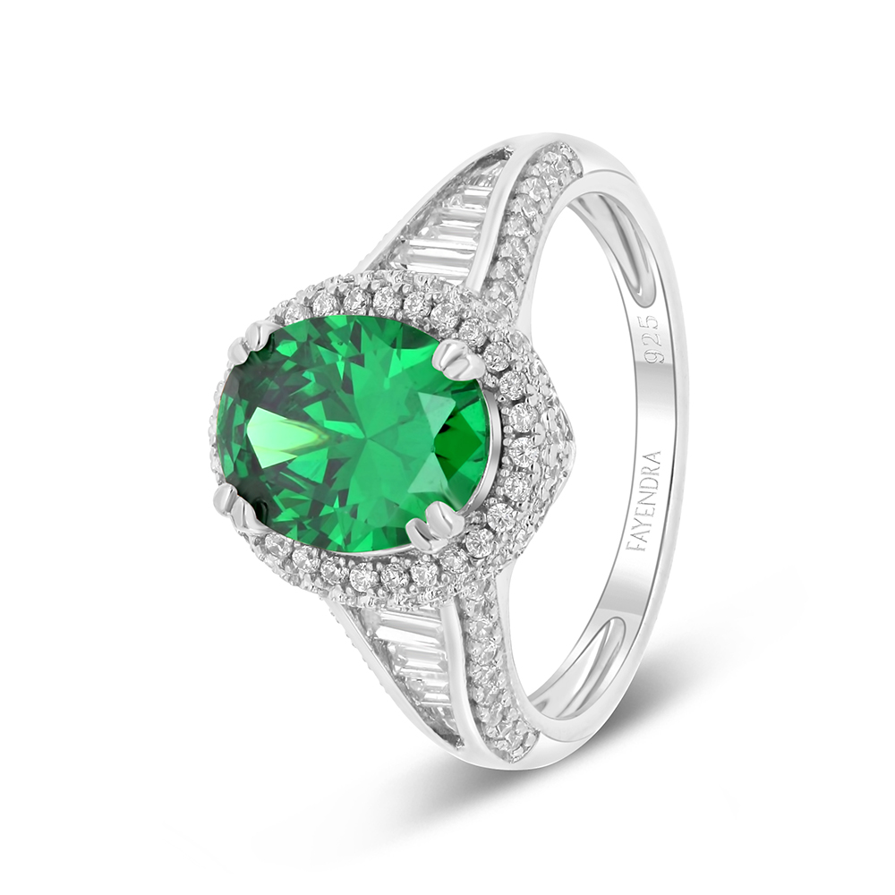 Sterling Silver 925 Ring Rhodium Plated Embedded With Emerald Zircon 