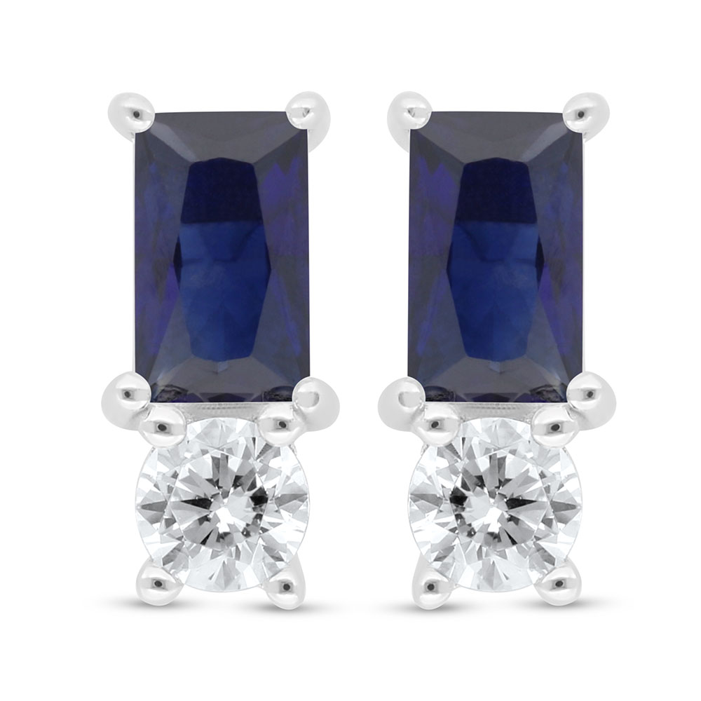 Sterling Silver 925 Earring Rhodium Plated Embedded With Sapphire Corundum And White Zircon