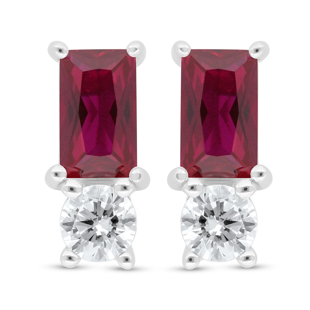 Sterling Silver 925 Earring Rhodium Plated Embedded With Ruby Corundum And White Zircon